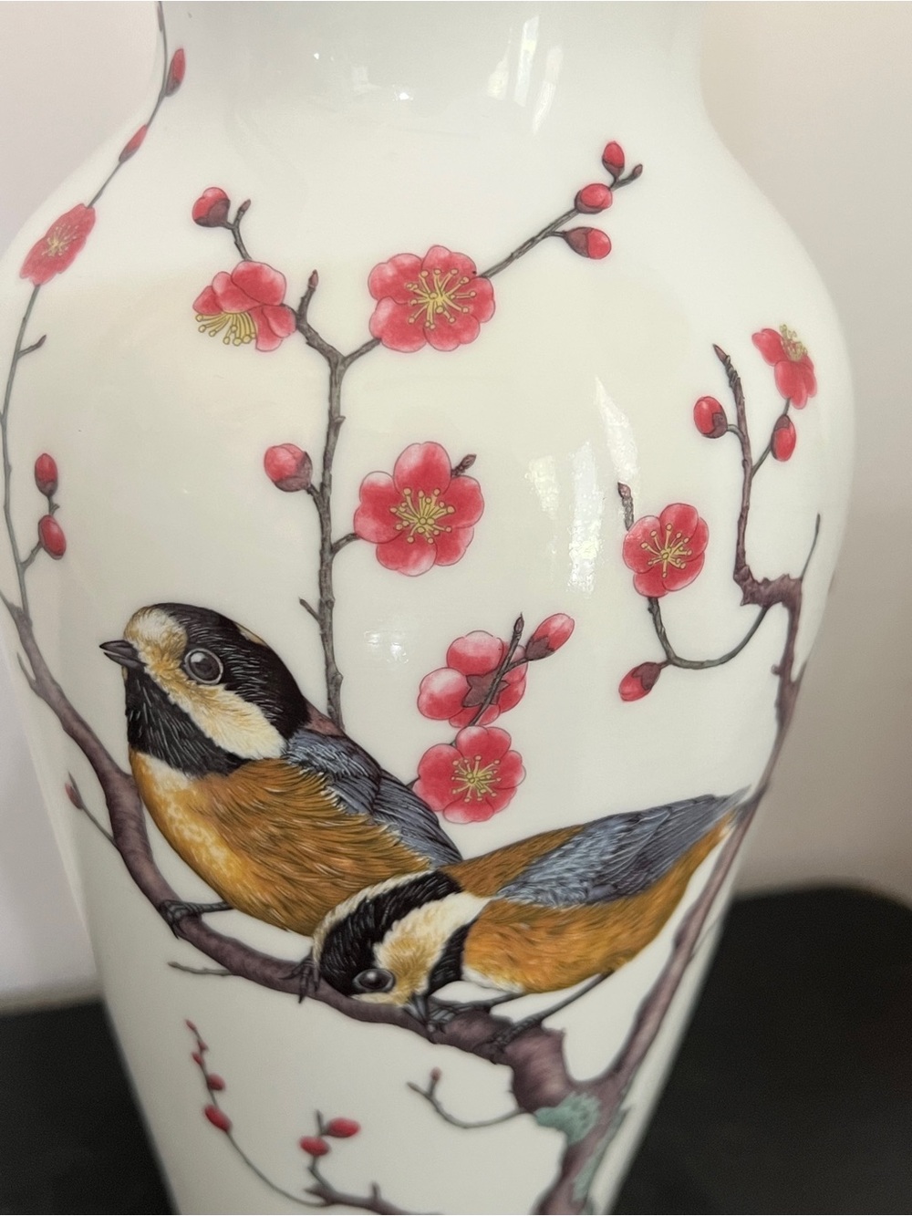 Franklin Porcelain 1981 Hand-Painted Bird Vase - White with Pink Blossoms - Picture 5 of 7